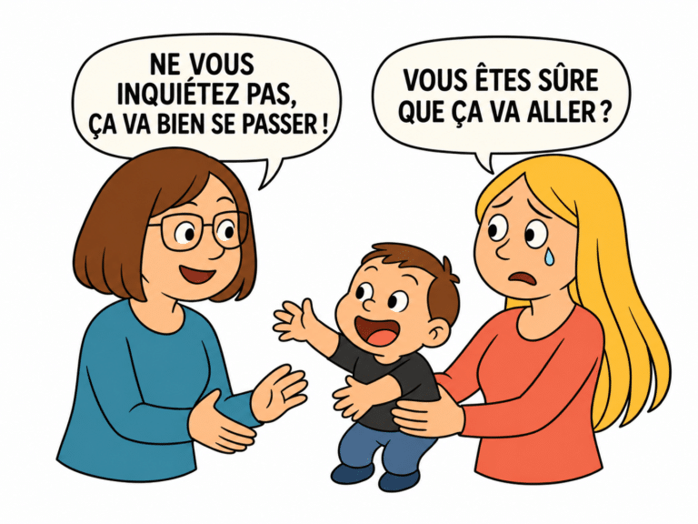 Illustration d’une assistante maternelle rassurant un parent inquiet lors de la séparation, pendant l’adaptation d’un enfant.