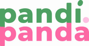 Logo de la plateforme Pandi-Panda, lettres vertes et roses sur fond blanc