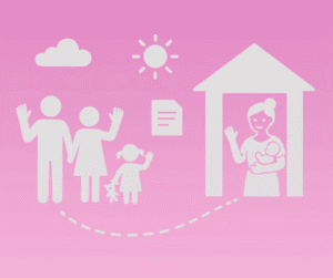 Comparatif des meilleures bouteilles sensorielles 11 Illustration symbolisant la fin de contrat avec une assistante maternelle : parents et enfant faisant un signe d’au revoir devant la maison d’accueil.