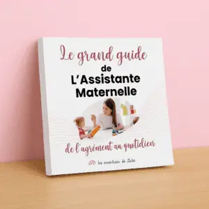 Mockup du livre broché souple Le Grand Guide de l’Assistante Maternelle, présenté debout sur un bureau avec fond rose.
