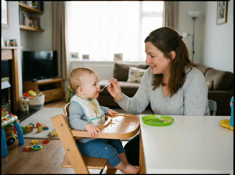 Assistante maternelle donnant à manger à un bébé à la cuillère, illustration d’un geste du quotidien pouvant devenir une douce violence s’il est imposé.