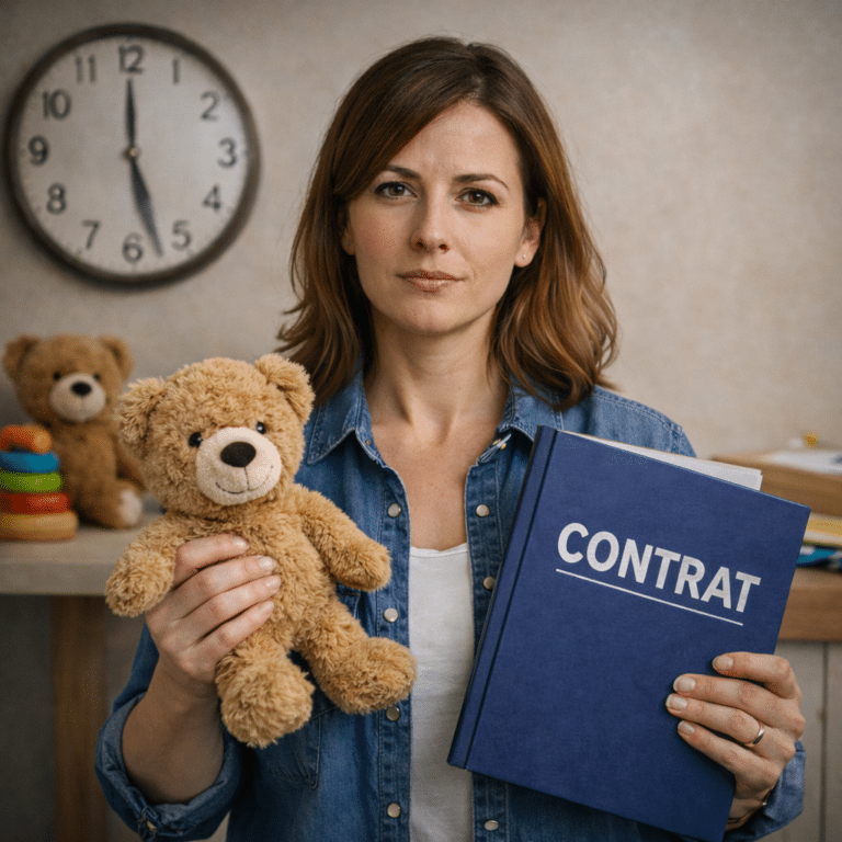 Assistante maternelle tenant un contrat et un doudou, entre cadre professionnel et relation affective