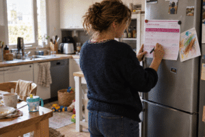 Une assistante maternelle ajuste le planning de la journée affiché sur son réfrigérateur.
